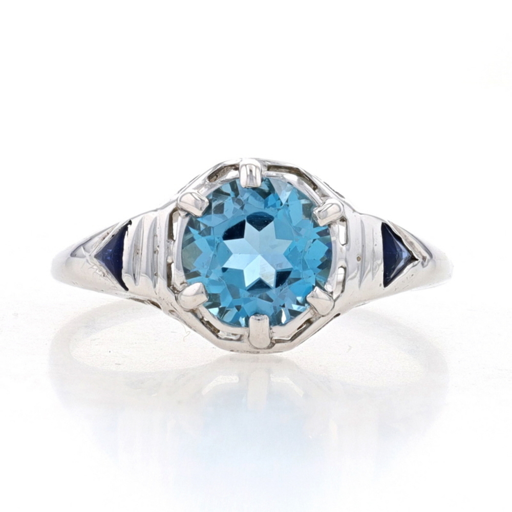 White Gold Blue Topaz & Lab-Created Sapphire Art Deco Ring - 14k 1.55ct Vintage